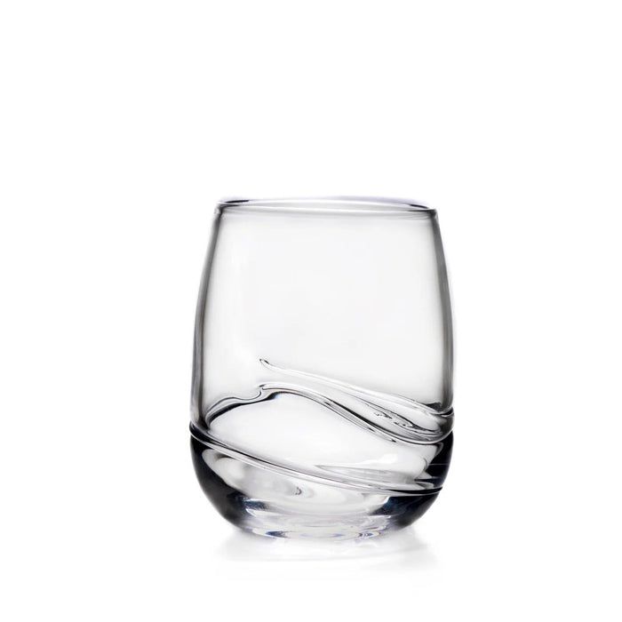Clear glass tumbler with curved textured bands around the lower half.