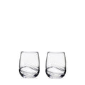 Two clear glass tumblers with curved swirl design at the base.