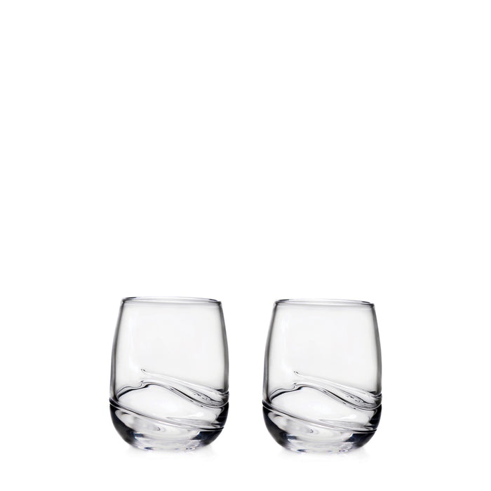 Two clear glass tumblers with curved swirl design at the base.