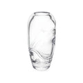 Clear glass vase with organic swirl patterns and rounded shoulders tapering to a narrow base.