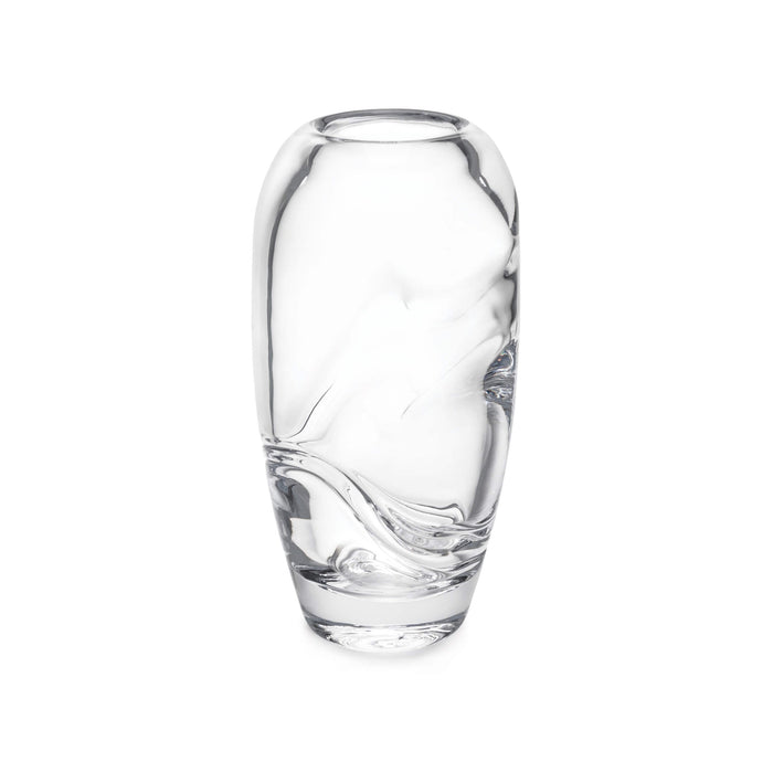 Clear glass vase with organic swirl patterns and rounded shoulders tapering to a narrow base.