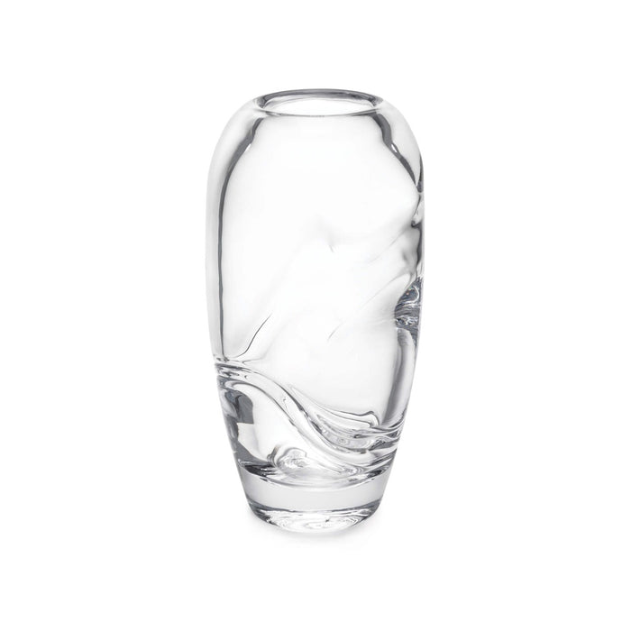 Clear glass vase with curved sculptural swirls throughout, rounded rim, and tapered base.