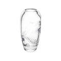 Clear glass vase with curved sculptural swirls throughout, rounded rim, and tapered base.