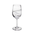 Clear glass wine glass with swirled design pattern and stem base.