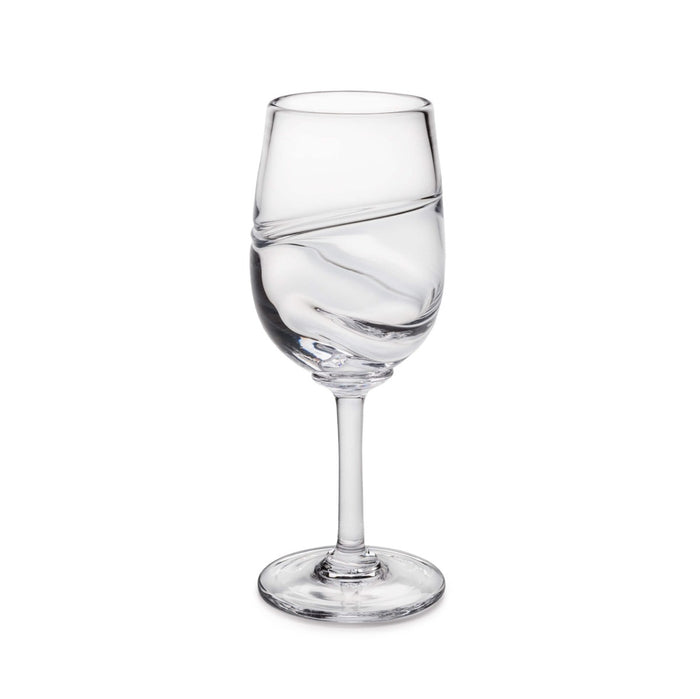 Clear glass wine glass with swirled design pattern and stem base.