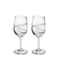 Two clear wine glasses with diagonal etched lines, filled partially with water, on white background.