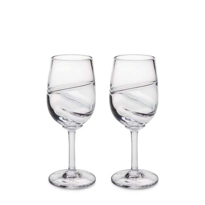 Two clear wine glasses with diagonal etched lines, filled partially with water, on white background.