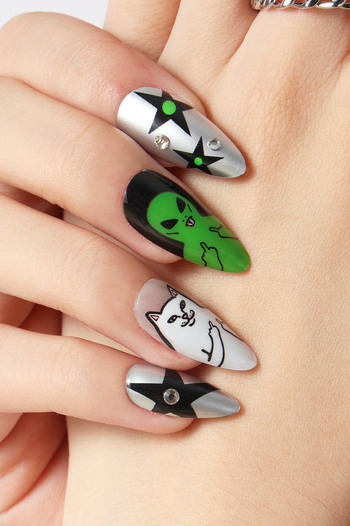 Ripndip WE OUT HERE press-on nails featuring a green alien and a cat giving the middle finger.