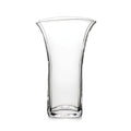 Clear glass vase with flared rim and curved sides tapering to narrow base.