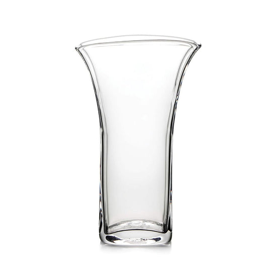 Clear glass vase with flared rim and curved sides tapering to narrow base.