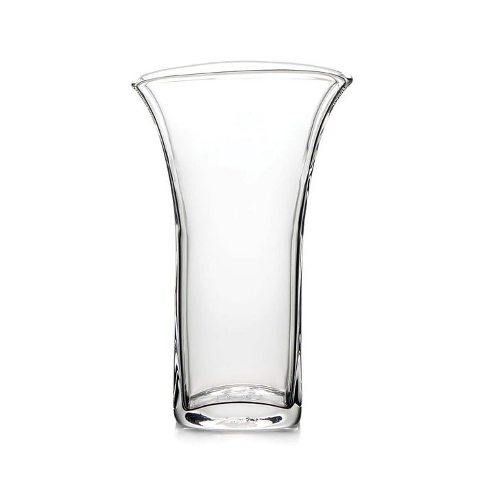 Clear glass vase with curved sides and flared rim, tapered at the base.