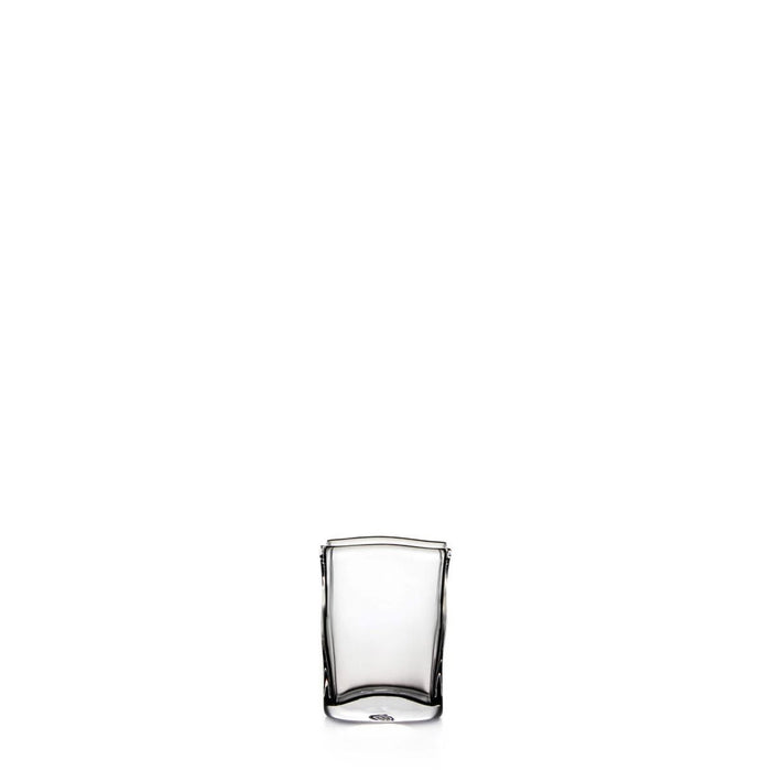 Clear glass vase with curved sides and rounded rim, cylindrical shape suitable for flower arrangements.