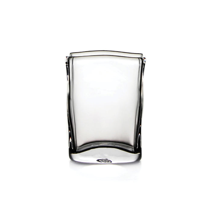 Clear glass vase with curved sides and a gently curved rim.