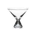 Clear glass stemless martini glass with wide cone-shaped bowl and short base featuring circular detail.