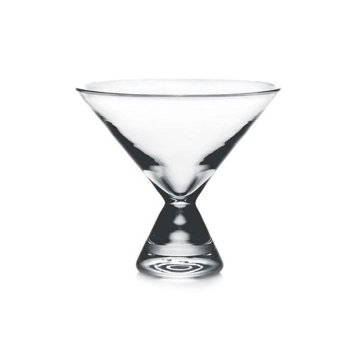 Clear glass stemless martini glass with wide cone-shaped bowl and short base featuring circular detail.