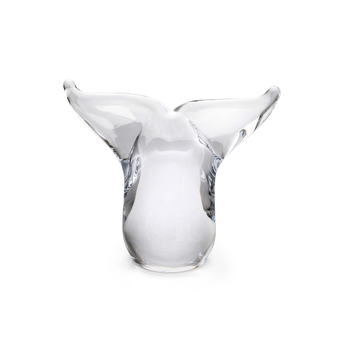 Clear glass vase with two curved flared petals extending upward from the rim.