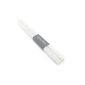 Two white taper candles bundled together with a gray band label.