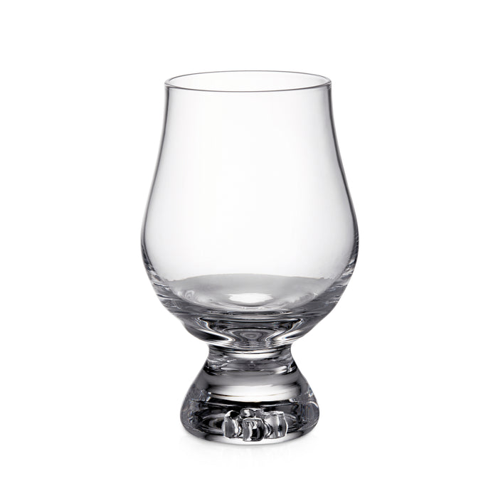 Clear glass tasting glass with tapered bowl and textured pedestal base.