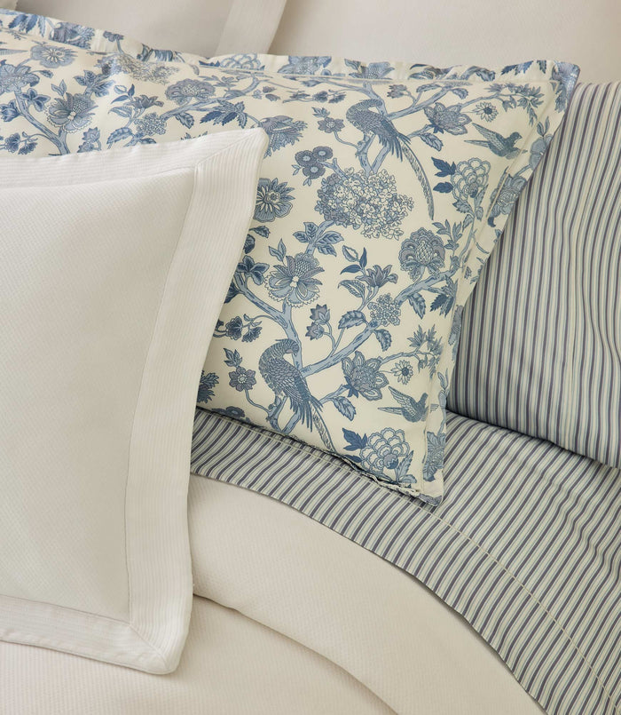 Windsor Stripe Sheet Set displayed on a white bed, Stripe Wedgewood