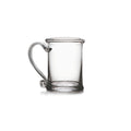 Clear glass tankard with curved handle and rounded rim.