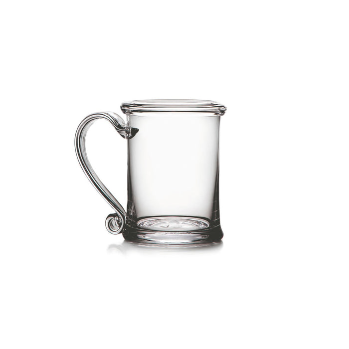 Clear glass tankard with curved handle and rounded rim.