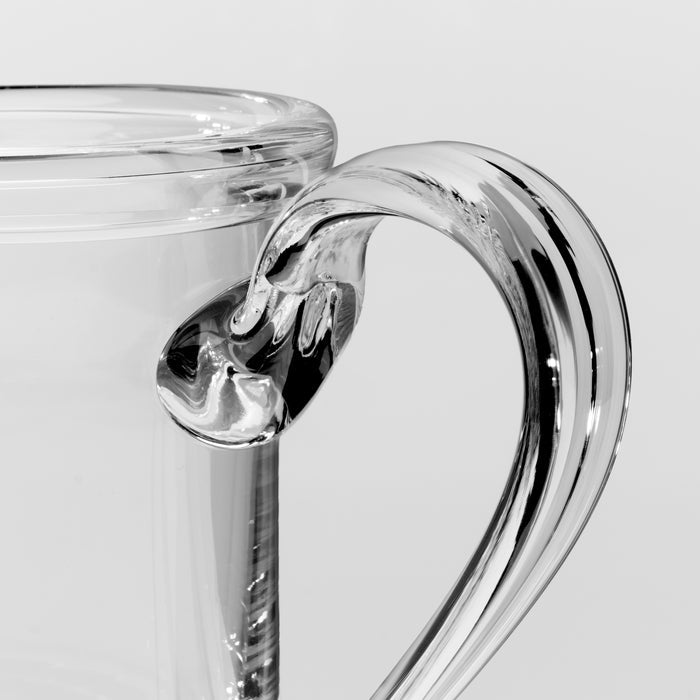 Close-up of a transparent glass showing the curved handle and part of the glass body against a light gray background.