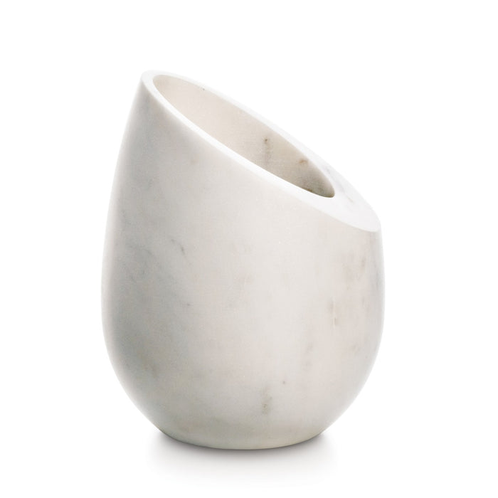 White marble wine chiller with curved tilted opening and smooth rounded body.