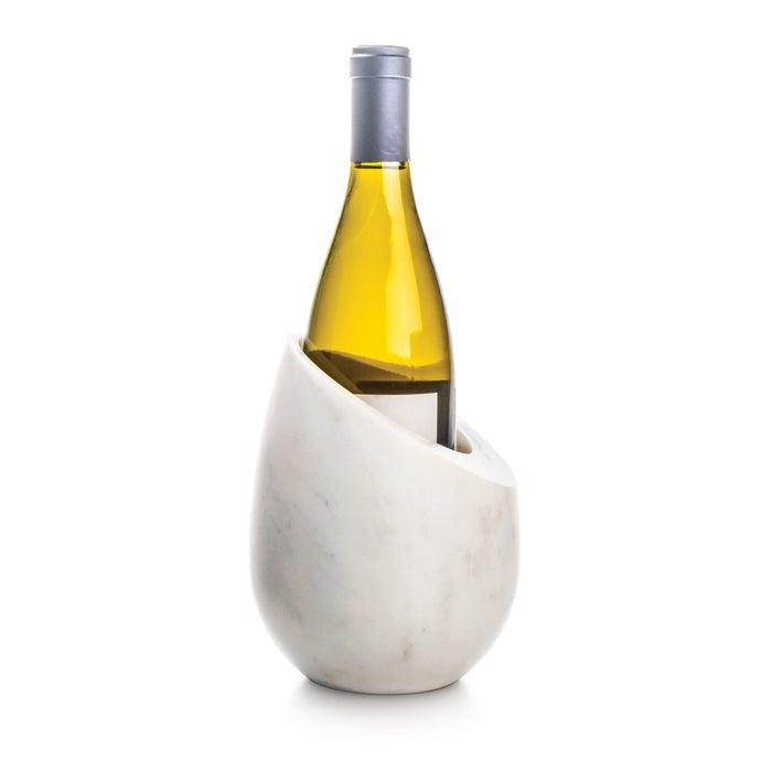 White marble wine chiller holding a bottle of yellow wine with gray cap.