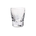 Clear glass bourbon tumbler with textured sides and weighted base.