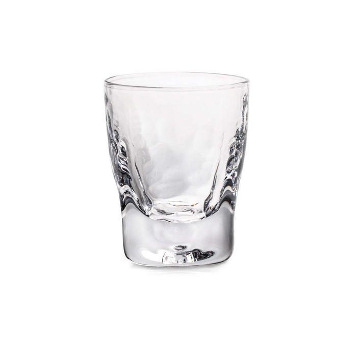 Clear glass bourbon tumbler with textured sides and weighted base.