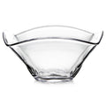 Clear glass bowl with curved sides and two angled handles on rim.