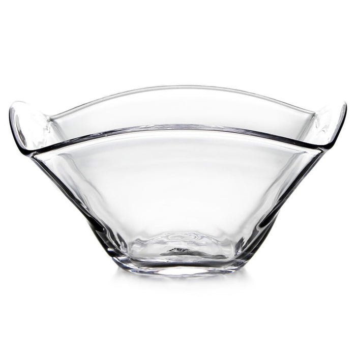 Clear glass bowl with curved sides and two angled handles on rim.
