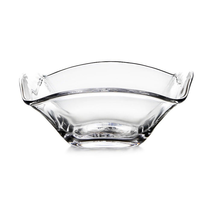 Clear glass bowl with curved wavy rim and wide mouth, viewed from front angle.