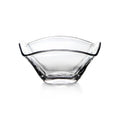 Clear glass bowl with curved sides and two black handles on opposite ends.