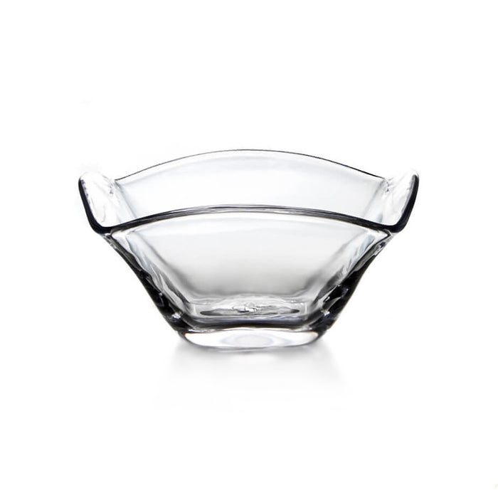 Clear glass bowl with curved sides and two black handles on opposite ends.