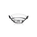 Clear glass bowl with curved sides and two black handles on opposite sides.