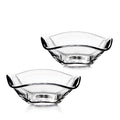 Two clear glass bowls with black handles in a hexagonal shape.