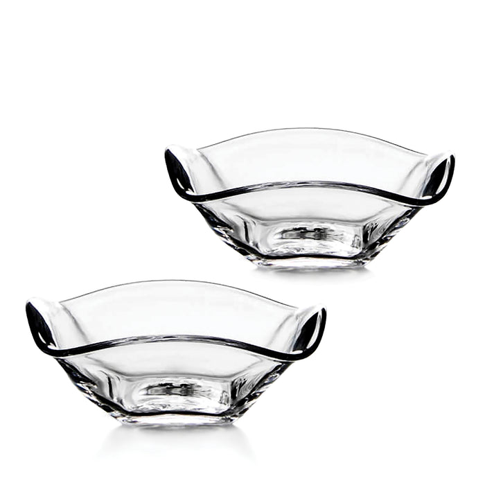 Two clear glass bowls with black handles in a hexagonal shape.