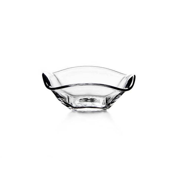 Clear glass bowl with curved sides and two black handles on opposite ends.
