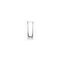 Clear glass bud vase with tall, tapered rectangular shape and textured base.