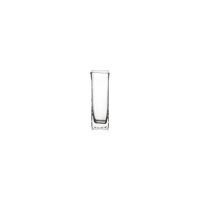 Clear glass bud vase with tall, tapered rectangular shape and textured base.