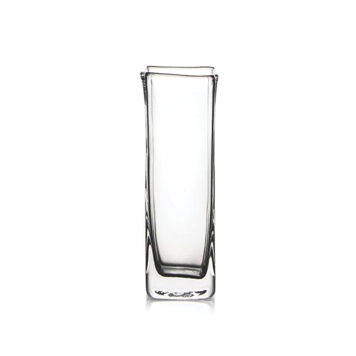 Clear glass bud vase with tall, straight rectangular shape and thick base.