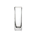 Clear glass bud vase with tall, straight rectangular shape and thick base.
