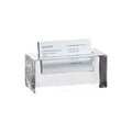 Clear acrylic cardholder with white interior slot holding a business card, featuring dark wood-grain sides.
