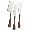 Three stainless steel cheese knives with copper-toned handles in various blade shapes.