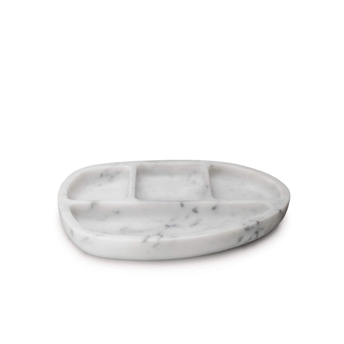 White marble oval desk caddy with three compartments and a shallow base tray.