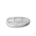 White marble oval desk caddy with three compartments and a shallow base tray.
