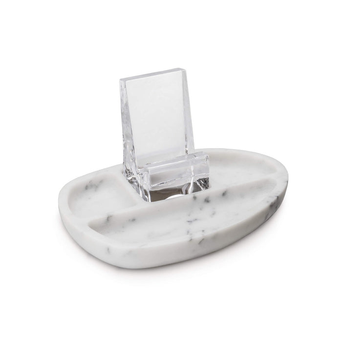 White marble oval desk caddy with clear acrylic card holder insert and shallow compartments.