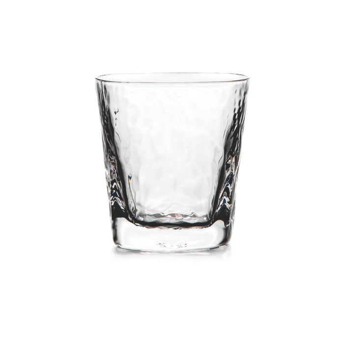 Clear glass double old-fashioned tumbler with textured sides and thick base.