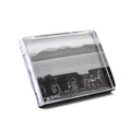 Clear acrylic photo block displaying black and white landscape image with chairs, water, and mountains.